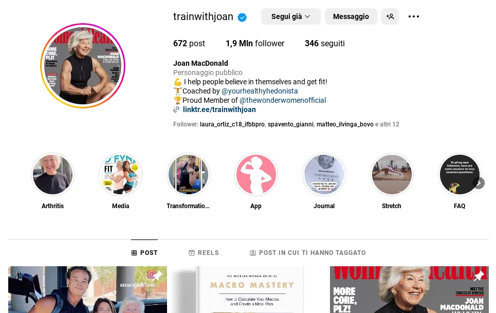Profilo Instagram di Joan MacDonald (trainwithjoan)