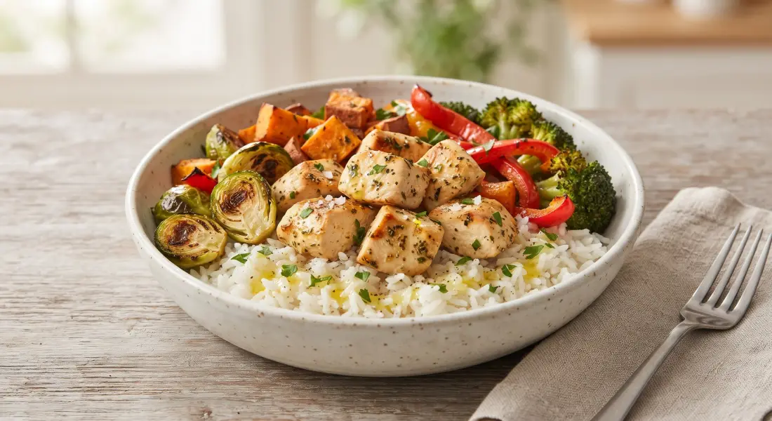 Bowl con riso, pollo, patate dolci, cavoletti di Bruxelles e broccoli