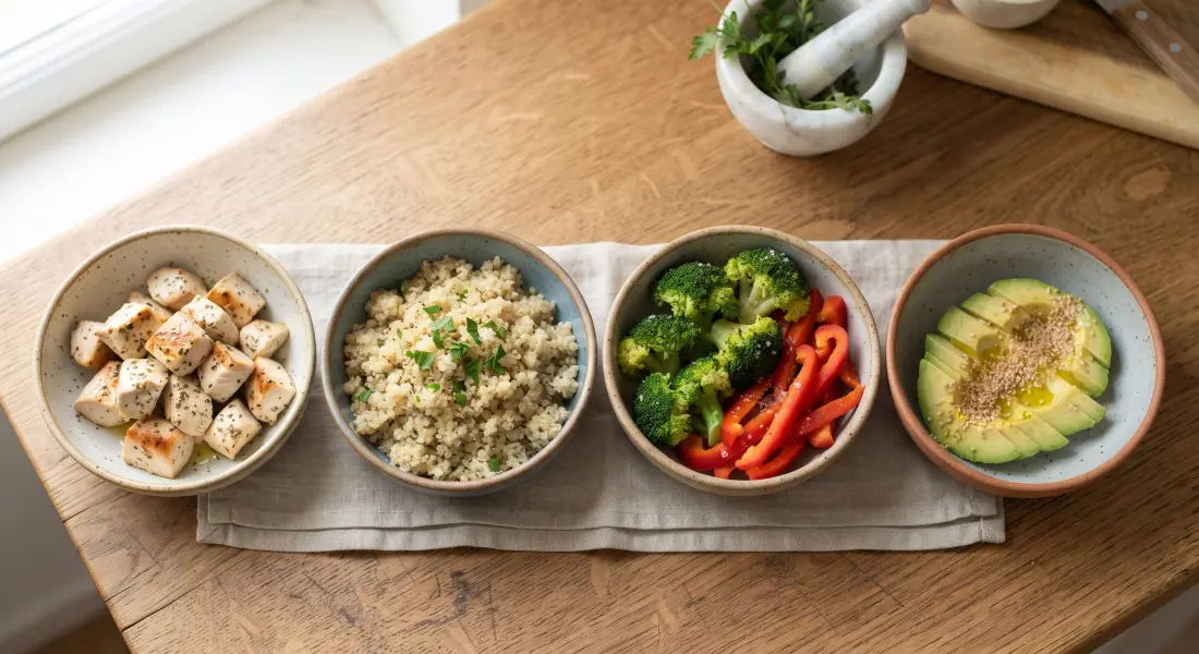 Quattro ciotole: pollo, quinoa, broccoli e peperoni, avocado
