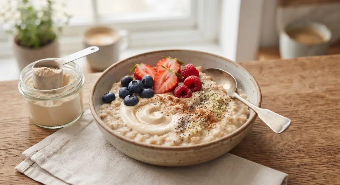 Porridge con frutti di bosco e misurino di proteine