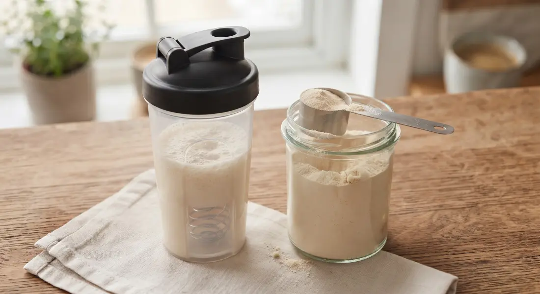 Shaker con proteine e barattolo con misurino