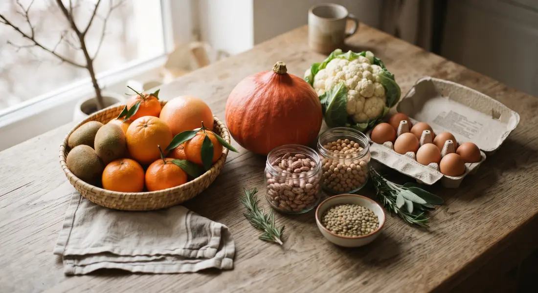Agrumi, kiwi, zucca, cavolfiore, legumi e uova su un tavolo di legno