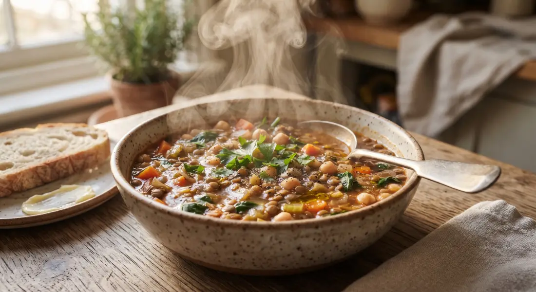 Zuppa fumante di lenticchie e ceci con una fetta di pane